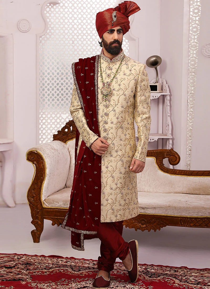 Cream Jacquard Silk Brocade Embroidered Chipkan Sherwani Party Wear 2 Cream Jacquard Silk Brocade Embroidered Chipkan Sherwani Party Wear - Image 2