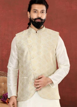 Cream Jacquard Silk Embroidered Nehru Jacket -Mahra Clothing Shop cream jacquard silk embroidered nehru jacket jmvswc324 b