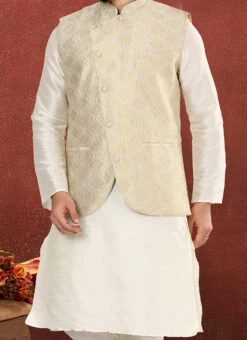 Cream Jacquard Silk Embroidered Nehru Jacket