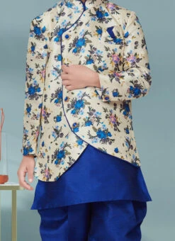 Cream Jacquard Silk Printed Work Indowestern Sherwani Party Wear