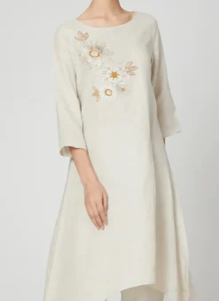 Cream Linen Kurta Straight Pant Set Work Wear