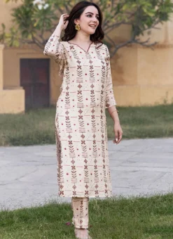 Cream Muslin Printed Kurta Straight Pant Set After Six Wear -Mahra Clothing Shop cream muslin printed kurta straight pant set krspranju69 u