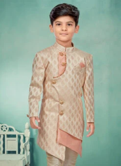 Cream N Pink Banarasi Silk Jacquard Indowestern Sherwani Party Wear -Mahra Clothing Shop cream n pink banarasi silk jacquard indowestern sherwani kdbmsgrk541 b