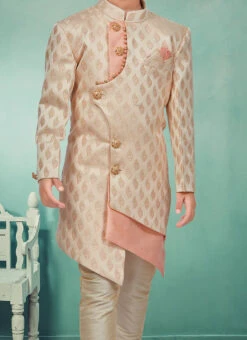 Cream N Pink Banarasi Silk Jacquard Indowestern Sherwani Party Wear
