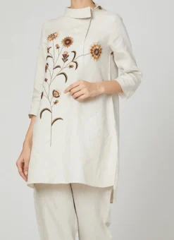 Cream Rayon Slub Kurta Straight Pant Set Work Wear