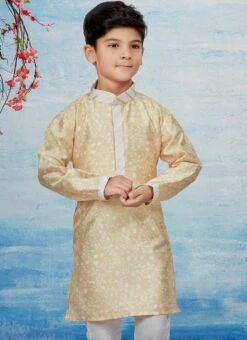 Cream Silk Dupion Printed Kids Kurta Pyjama Party Wear -Mahra Clothing Shop cream silk dupion printed kids kurta pyjama kdbsgrk729 b