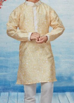 Cream Silk Dupion Printed Kids Kurta Pyjama Party Wear