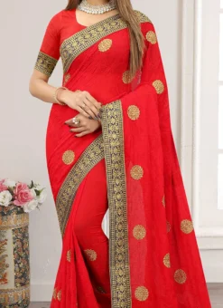 Crimson Red Georgette Thread Embroidered Saree Party Wear