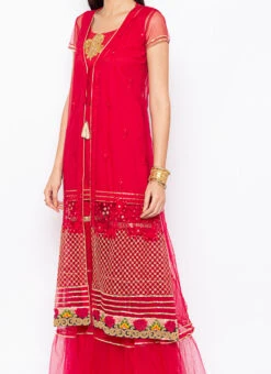 Crimson Red Net Embroidered Kurta Sharara Set After Six Wear