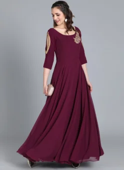 Embroidered Burgundy Georgette Gown Festive Wear -Mahra Clothing Shop customised embroidered burgundy georgette gown IWBV01905473 u