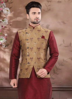 Dark Beige Benarasi Brocade Nehru Jacket -Mahra Clothing Shop dark beige benarasi brocade nehru jacket jmkmdcj522 b