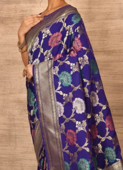 Dark Blue Banarasi Katan Zari Weaving Saree Festive Wear