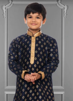 Dark Blue Dhupion Silk Foil Printed Boys Kurta Pyjama Party Wear -Mahra Clothing Shop dark blue dhupion silk foil printed boys kurta pyjama kdbkvs669 b