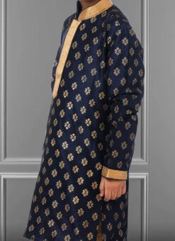 Dark Blue Dhupion Silk Foil Printed Boys Kurta Pyjama Party Wear