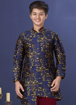 Dark Blue Heavy Silk Boys Indowestern Sherwani Party Wear -Mahra Clothing Shop dark blue heavy silk boys indowestern sherwani kdbkvs506 b