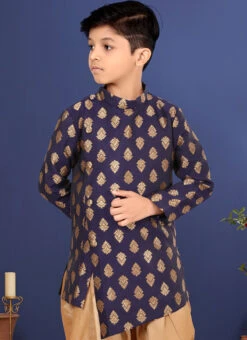 Dark Blue Jacquard Silk Boys Indowestern Sherwani Party Wear -Mahra Clothing Shop dark blue jacquard silk boys indowestern sherwani kdbkvs651 b