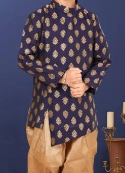 Dark Blue Jacquard Silk Boys Indowestern Sherwani Party Wear