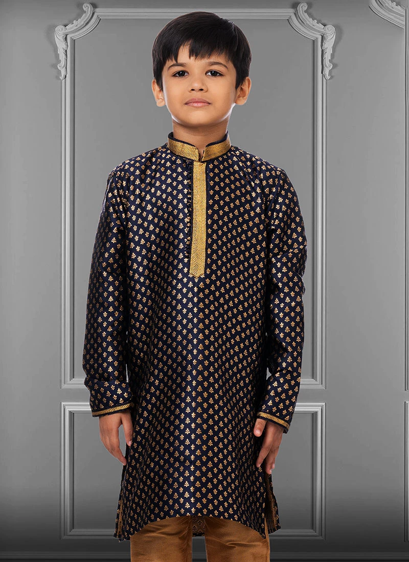 Dark Blue Jacquard Silk Boys Kurta Pyjama Party Wear 3 Dark Blue Jacquard Silk Boys Kurta Pyjama Party Wear - Image 3