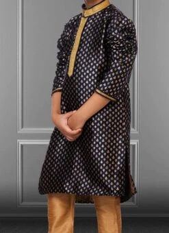 Dark Blue Jacquard Silk Boys Kurta Pyjama Party Wear