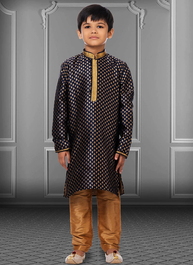 Dark Blue Jacquard Silk Boys Kurta Pyjama Party Wear 2 Dark Blue Jacquard Silk Boys Kurta Pyjama Party Wear - Image 2