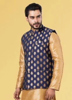 Dark Blue Jacquard Silk Nehru Jacket -Mahra Clothing Shop dark blue jacquard silk nehru jacket jmkkvs458 b