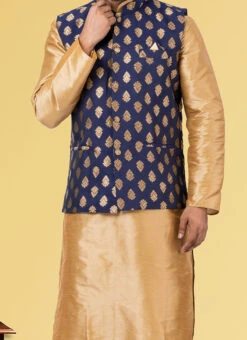 Dark Blue Jacquard Silk Nehru Jacket