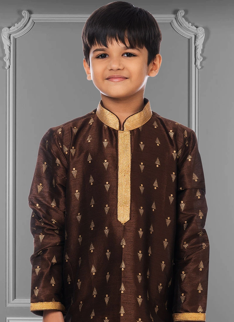 Dark Brown Dhupion Silk Foil Printed Boys Kurta Pyjama Party Wear 3 Dark Brown Dhupion Silk Foil Printed Boys Kurta Pyjama Party Wear - Image 3