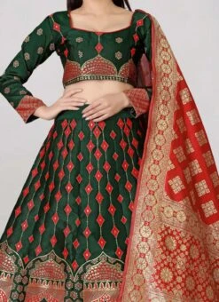 Dark Green Banarasi Silk Brocade Work A Line Lehenga Choli Festive Wear