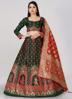 Dark Green Banarasi Silk Brocade Work A Line Lehenga Choli Festive Wear -Mahra Clothing Shop dark green banarasi silk brocade work a line lehenga choli ghsommr2595 u