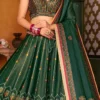 Dark Green Benarasi Silk Printed Umbrella Lehenga Festive Wear