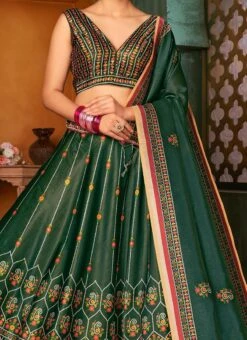 Dark Green Benarasi Silk Printed Umbrella Lehenga Festive Wear