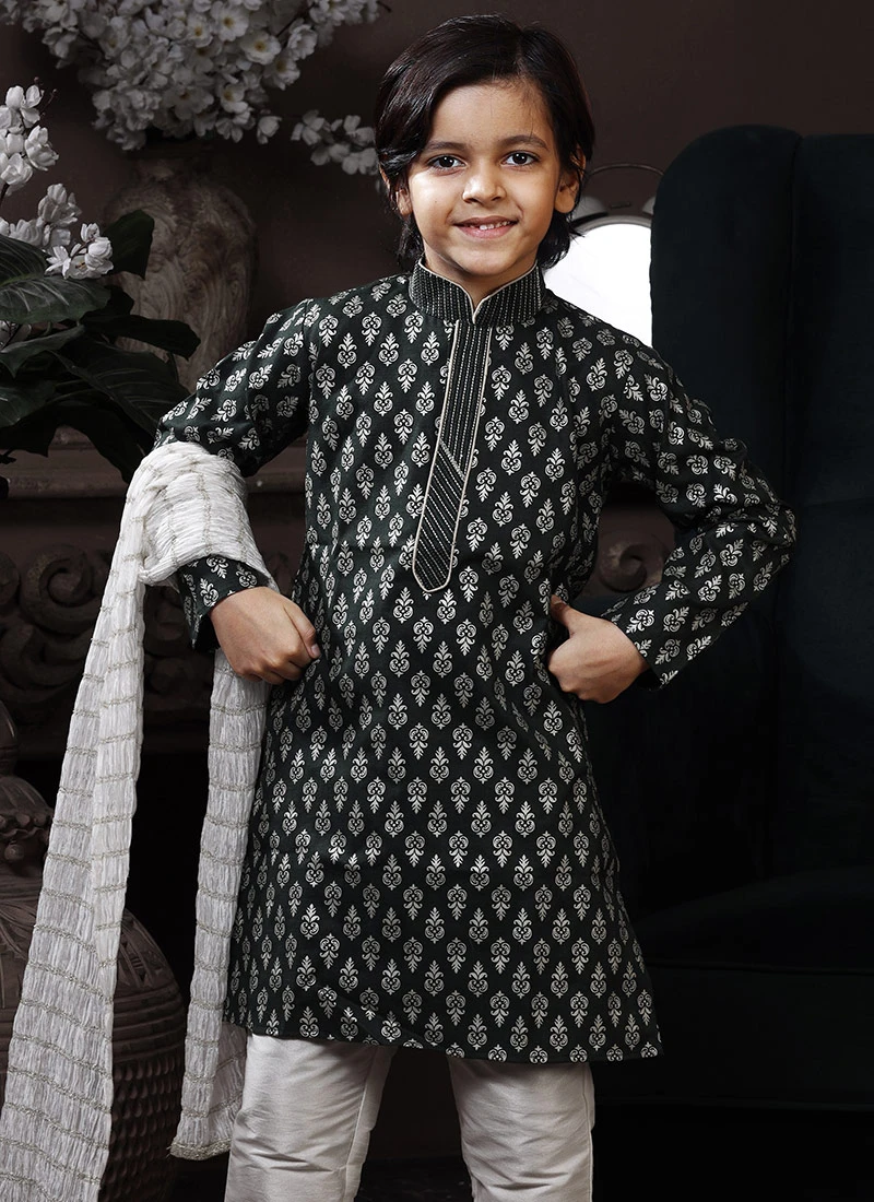 Dark Green Cotton Printed Boys Kurta Pyjama Party Wear 3 Dark Green Cotton Printed Boys Kurta Pyjama Party Wear - Image 3