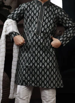 Dark Green Cotton Printed Boys Kurta Pyjama Party Wear
