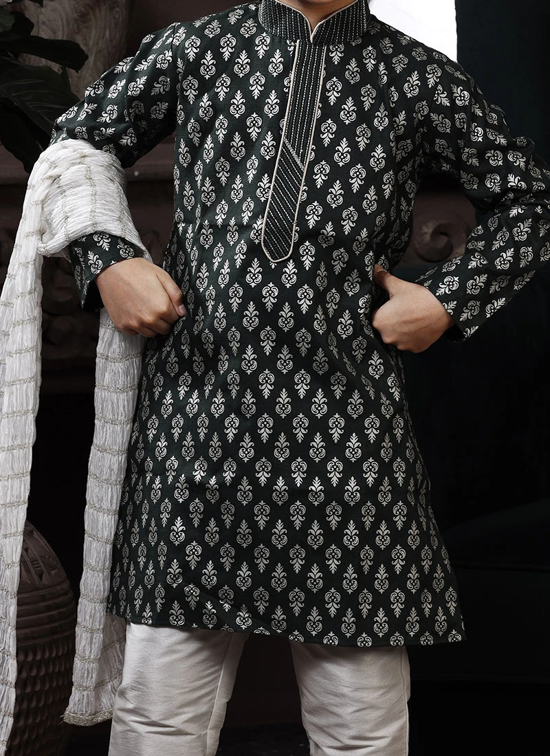 Dark Green Cotton Printed Boys Kurta Pyjama Party Wear 1 Dark Green Cotton Printed Boys Kurta Pyjama Party Wear