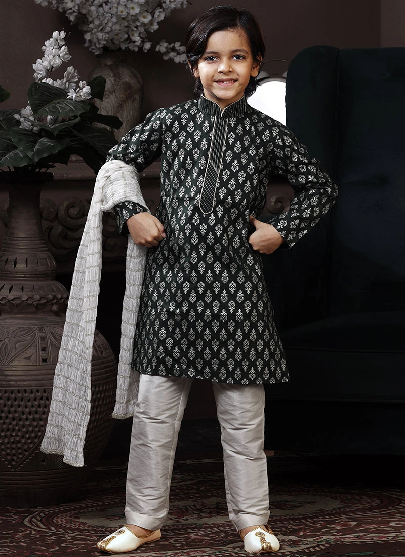 Dark Green Cotton Printed Boys Kurta Pyjama Party Wear 2 Dark Green Cotton Printed Boys Kurta Pyjama Party Wear - Image 2