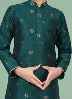 Dark Green Gicha Silk Printed Boys Kurta Pyjama