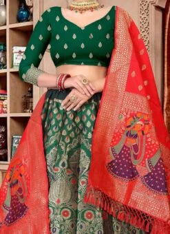 Dark Green Jacquard Silk Zari Woven Umbrella Lehenga Festive Wear
