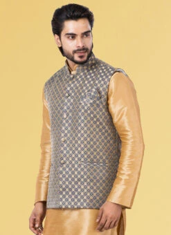Dark Grey Jacquard Silk Nehru Jacket -Mahra Clothing Shop dark grey jacquard silk nehru jacket jmkkvs466 b