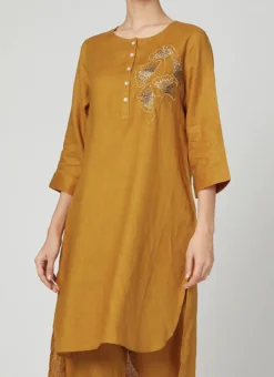 Dark Mustard Rayon Slub Kurta Straight Pant Set Work Wear