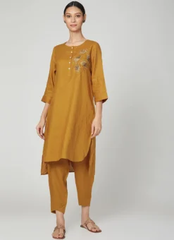 Dark Mustard Rayon Slub Kurta Straight Pant Set Work Wear -Mahra Clothing Shop dark mustard rayon slub kurta straight pant set krsdvcsvts16 u