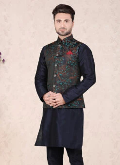 Dark Navy Blue Jacquard Silk Printed Nehru Jacket -Mahra Clothing Shop dark navy blue jacquard silk printed nehru jacket jmkmdcj530 b
