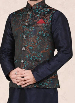 Dark Navy Blue Jacquard Silk Printed Nehru Jacket