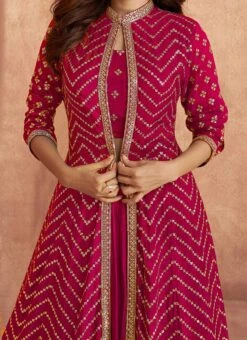 Dark Pink Chinon Sequins Embroidered Umbrella Lehenga Party Wear