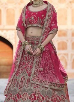 Dark Pink Velvet Embroidered N Stones A Line Lehenga Wedding Wear