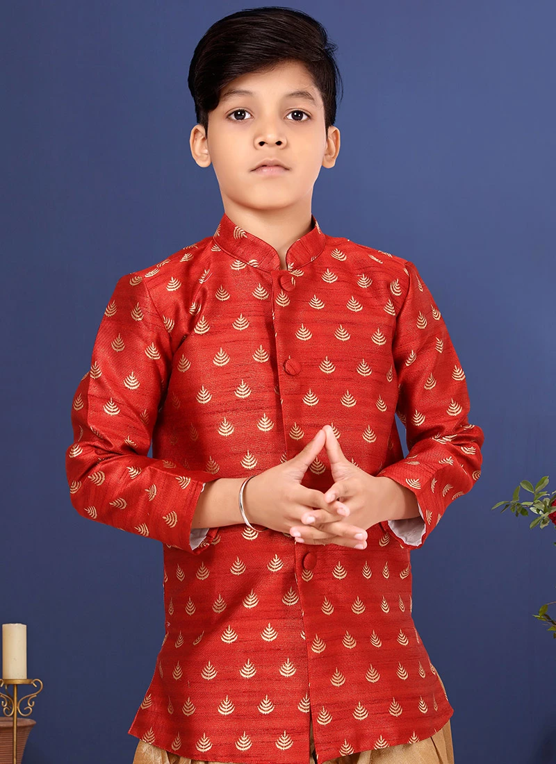 Dark Red Jacquard Silk Boys Classic Sherwani Party Wear 3 Dark Red Jacquard Silk Boys Classic Sherwani Party Wear - Image 3