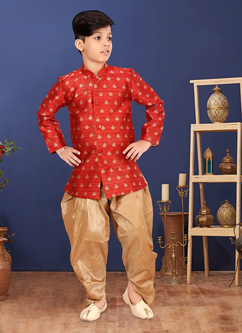 Dark Red Jacquard Silk Boys Classic Sherwani Party Wear 2 Dark Red Jacquard Silk Boys Classic Sherwani Party Wear - Image 2