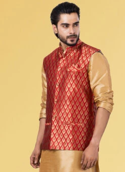 Dark Red Jacquard Silk Nehru Jacket -Mahra Clothing Shop dark red jacquard silk nehru jacket jmkkvs456 b