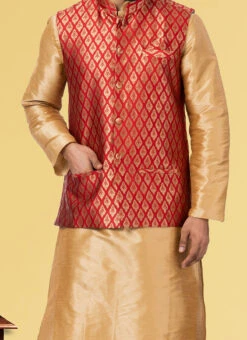 Dark Red Jacquard Silk Nehru Jacket