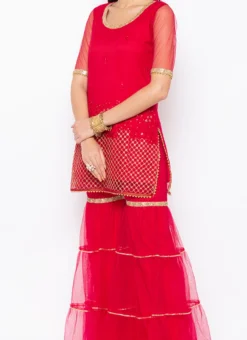 Dark Red Net Embroidered Kurta Sharara Set After Six Wear
