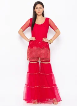 Dark Red Net Embroidered Kurta Sharara Set After Six Wear -Mahra Clothing Shop dark red net embroidered kurta sharara set krsmnc2125ks u